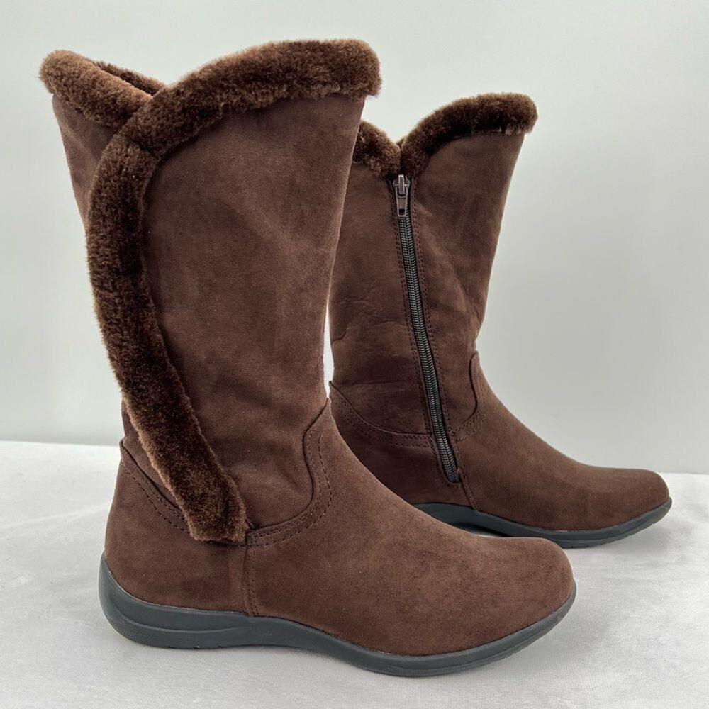 Bass FlexStep Loretta Chocolate Brown Faux Suede Fur Trim Tall Zip Boots Size 7